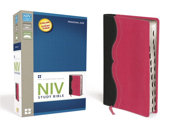 NIV Study Bible, Personal Size, Leathersoft, Gray/Pink, Red Letter, Thumb Indexed
