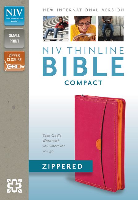 NIV, Thinline Zippered Collection Bible, Compact, Imitation Leather, Pink/Orange, Red Letter Edition