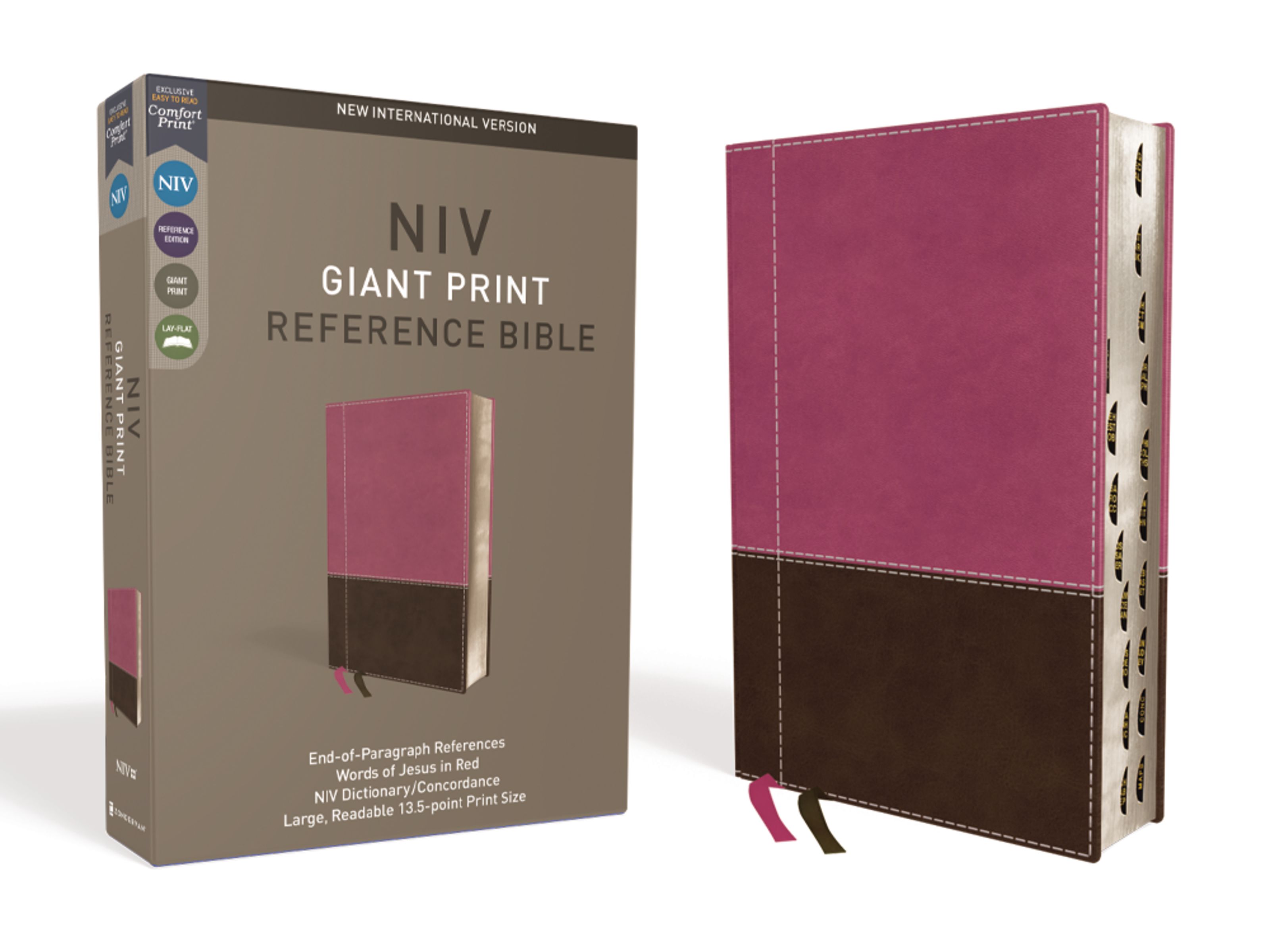 NIV, Reference Bible, Giant Print, Leathersoft, Pink/Brown, Red Letter, Thumb Indexed, Comfort Print