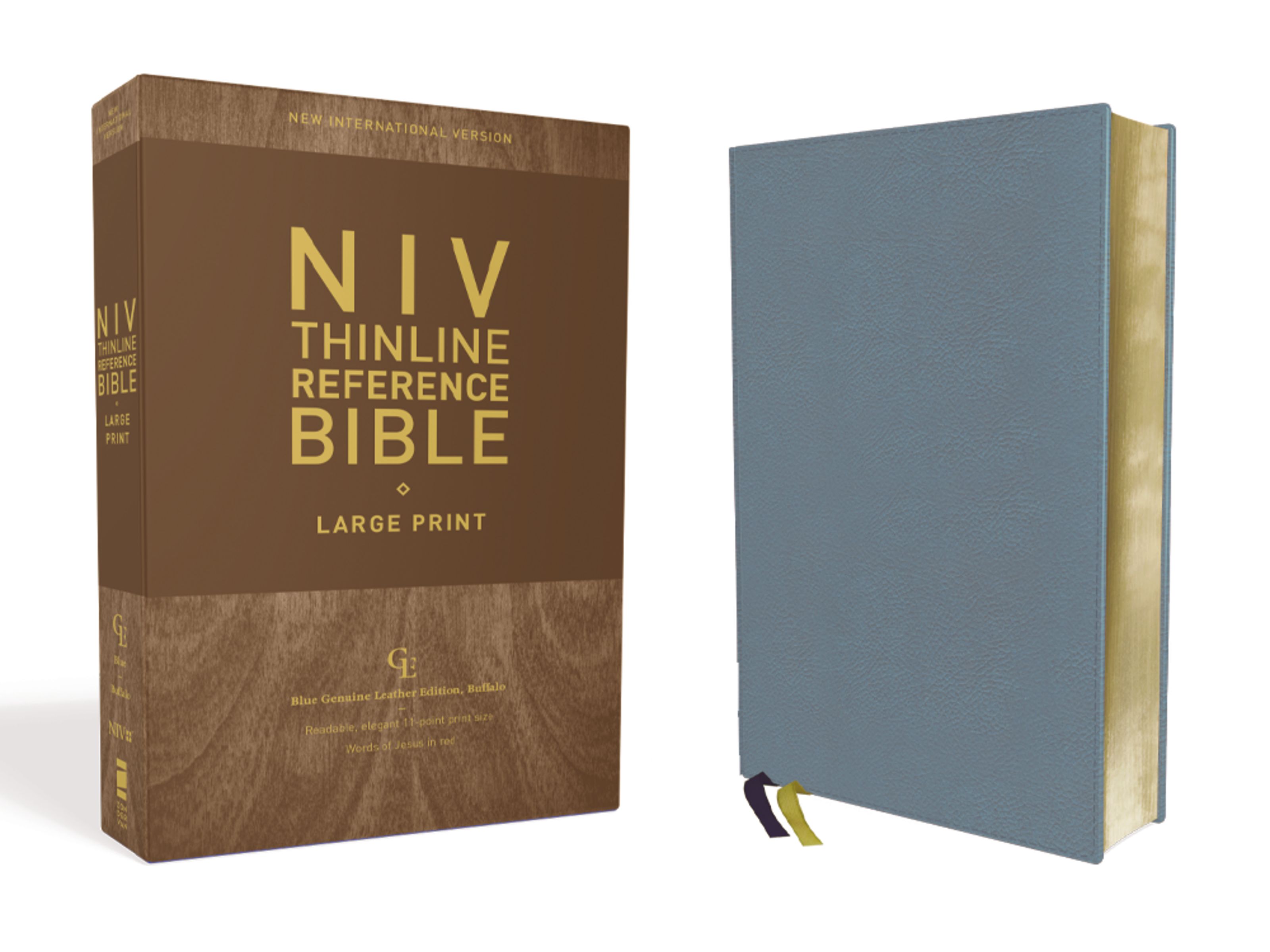 NIV, Thinline Reference Bible, Large Print, Genuine Leather, Buffalo, Blue, Red Letter, Art Gilded Edges, Comfort Print