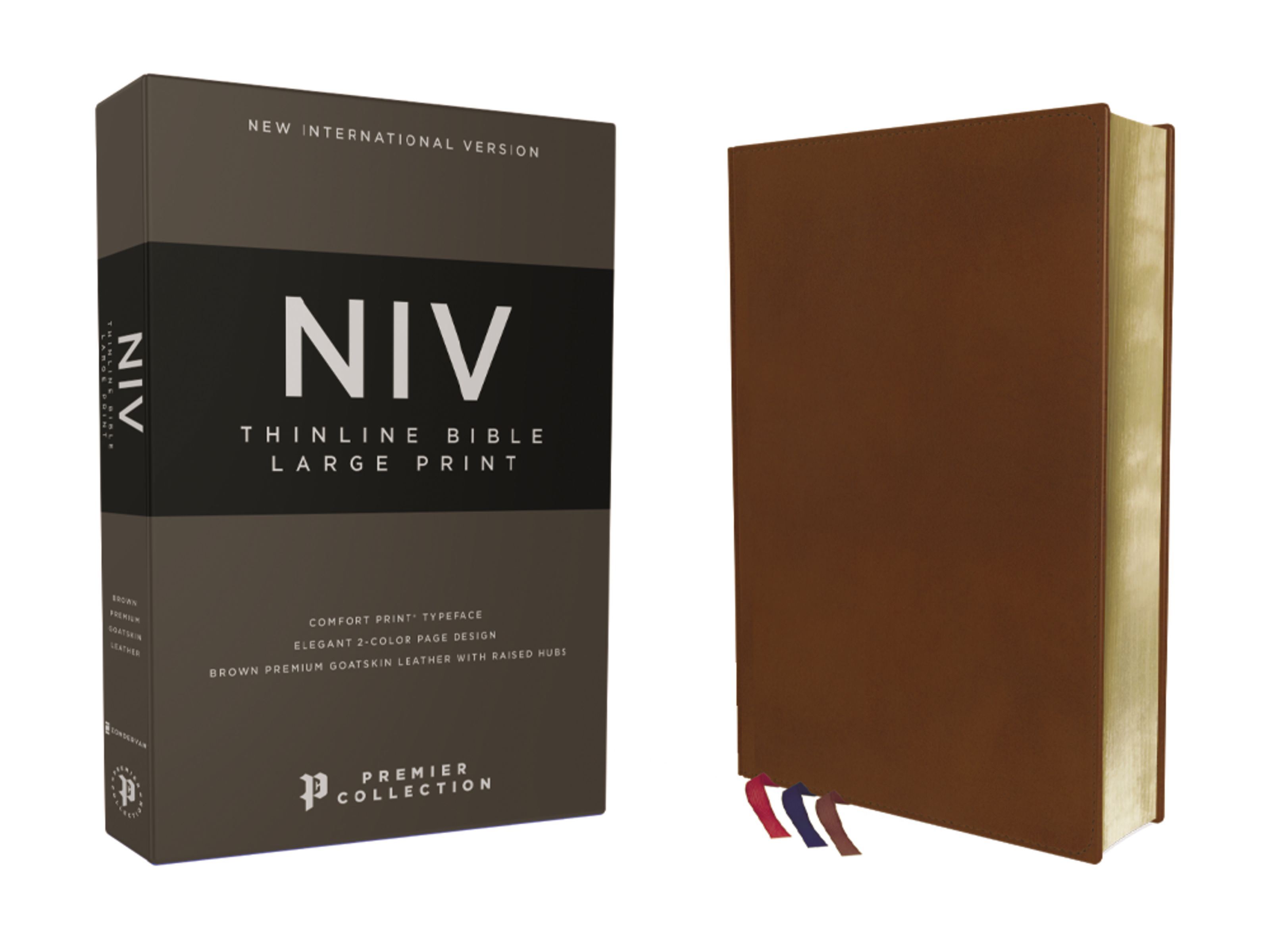 NIV, Thinline Bible, Large Print, Premium Goatskin Leather, Brown, Premier Collection, Art Gilded Edges, Comfort Print