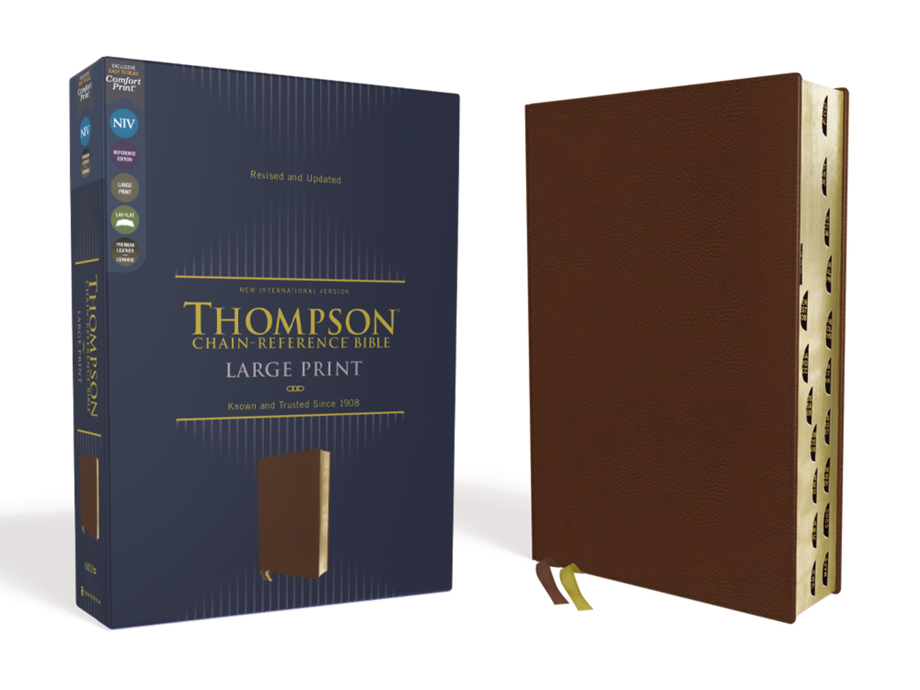 NIV, Thompson Chain-Reference Bible, Large Print, Genuine Leather, Cowhide, Brown, Thumb Indexed, Red Letter, Comfort Print