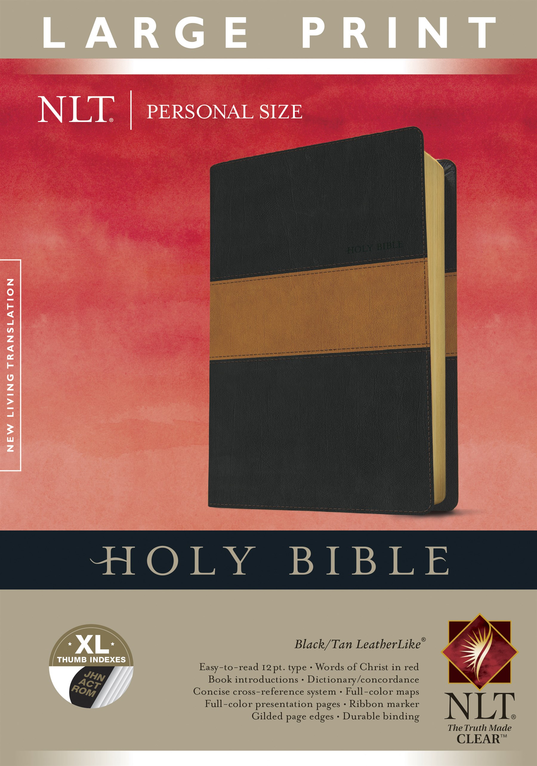 Holy Bible NLT, Personal Size Large Print edition, TuTone (Red Letter, LeatherLike, Black/Tan, Indexed)