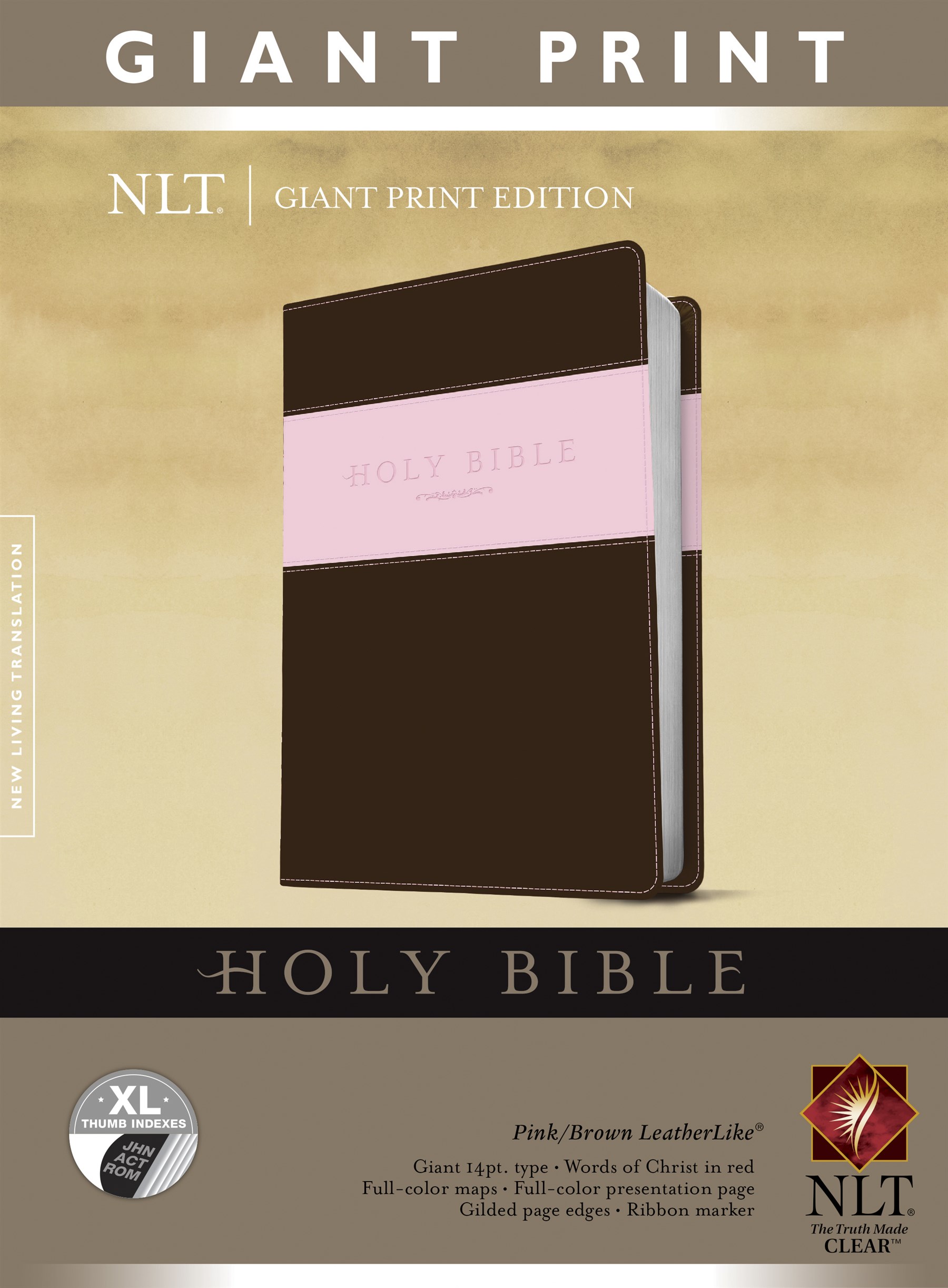Holy Bible, Giant Print NLT, TuTone (Red Letter, LeatherLike, Pink/Brown, Indexed)