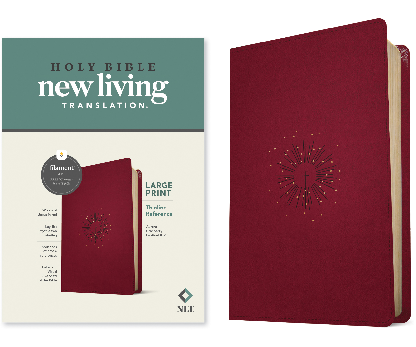 NLT Large Print Thinline Reference Bible, Filament Enabled Edition (Red Letter, LeatherLike, Aurora Cranberry)