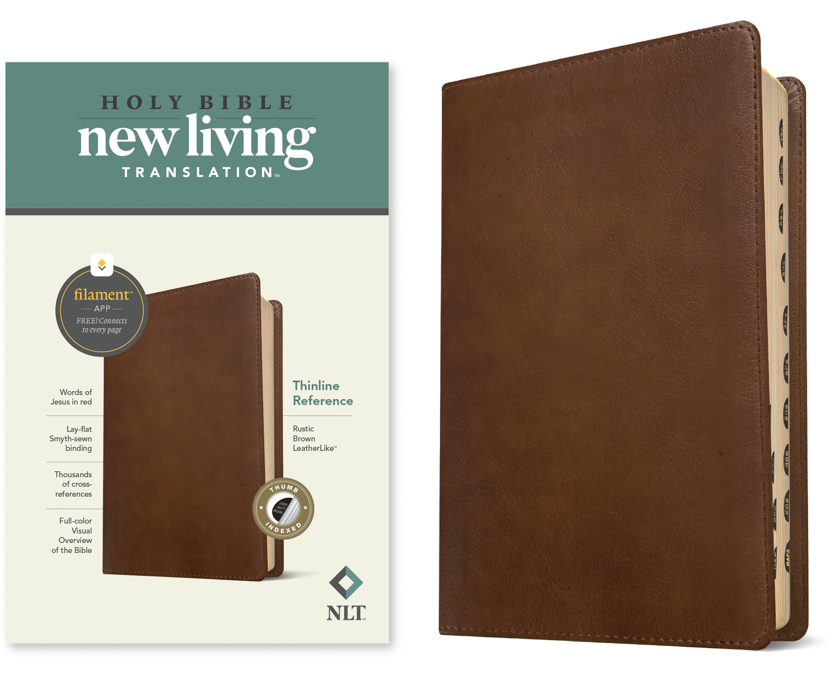 NLT Thinline Reference Bible, Filament Enabled Edition (Red Letter, LeatherLike, Rustic Brown, Indexed)