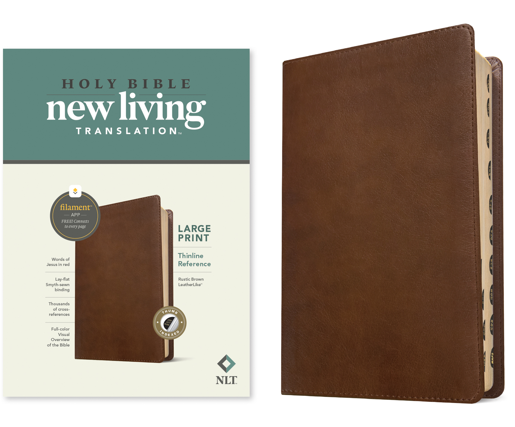 NLT Large Print Thinline Reference Bible, Filament Enabled Edition (Red Letter, LeatherLike, Rustic Brown, Indexed)