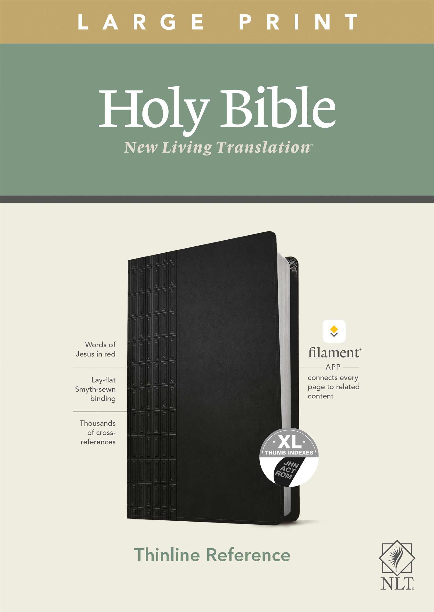 NLT Large Print Thinline Reference Bible, Filament Enabled Edition (Red Letter, LeatherLike, Cross Grip Black, Indexed)