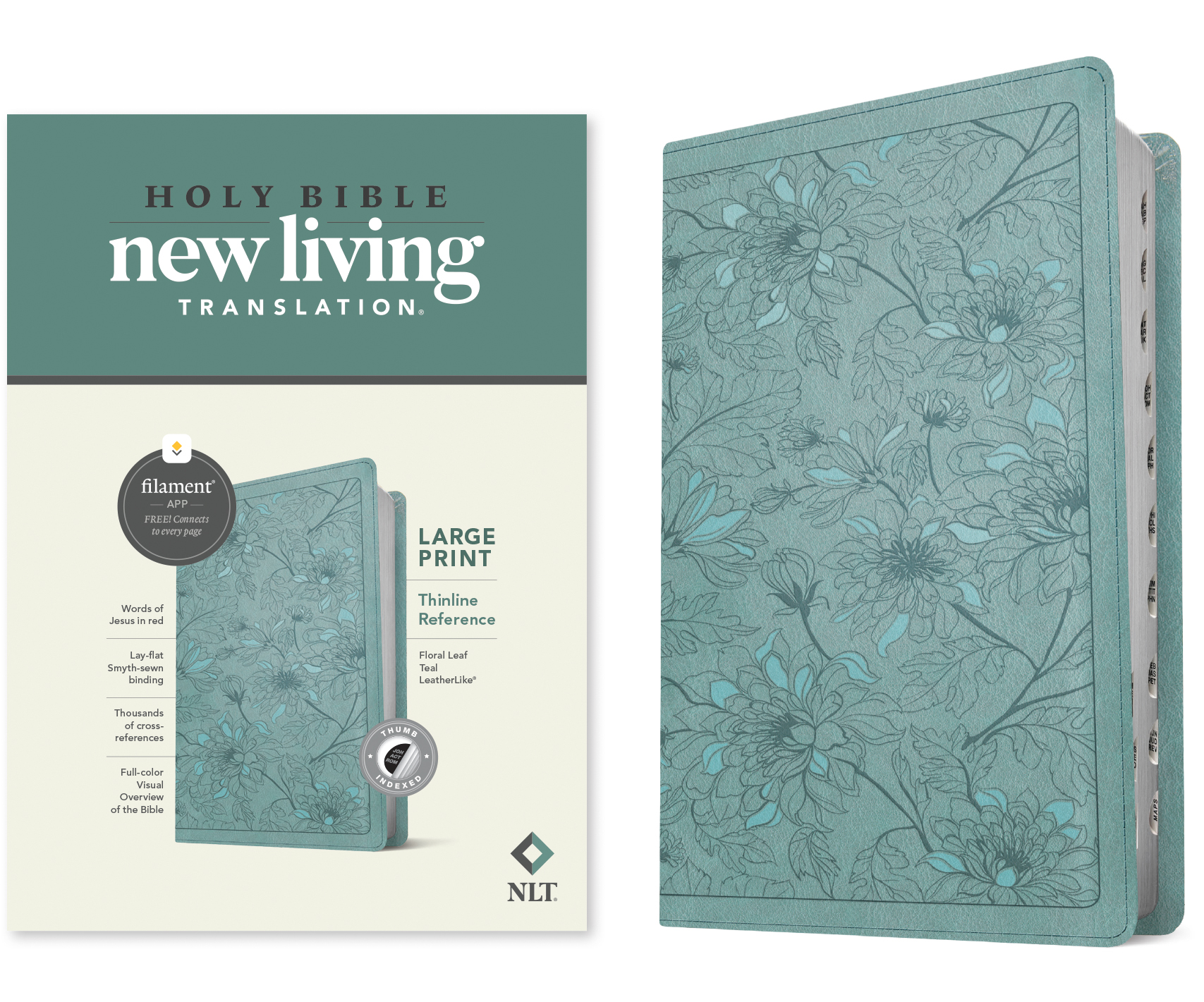 NLT Large Print Thinline Reference Bible, Filament Enabled Edition (Red Letter, LeatherLike, Floral Leaf Teal, Indexed)