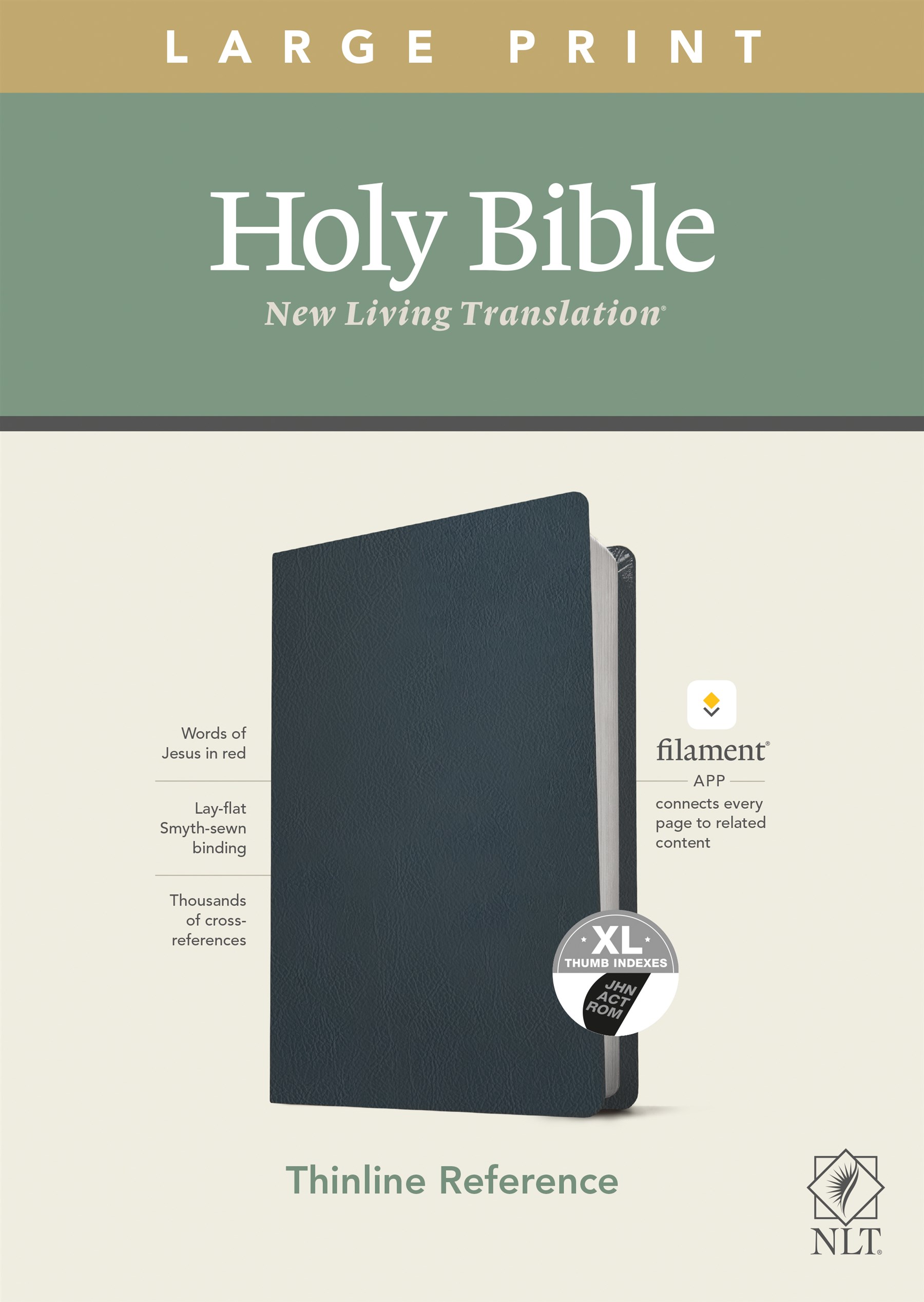 NLT Large Print Thinline Reference Bible, Filament Enabled Edition (Red Letter, Genuine Leather, Navy Blue, Indexed)