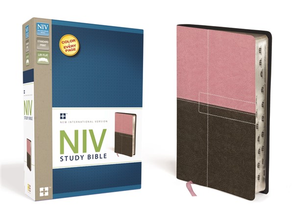 NIV Study Bible, Leathersoft, Pink/Brown, Red Letter, Thumb Indexed