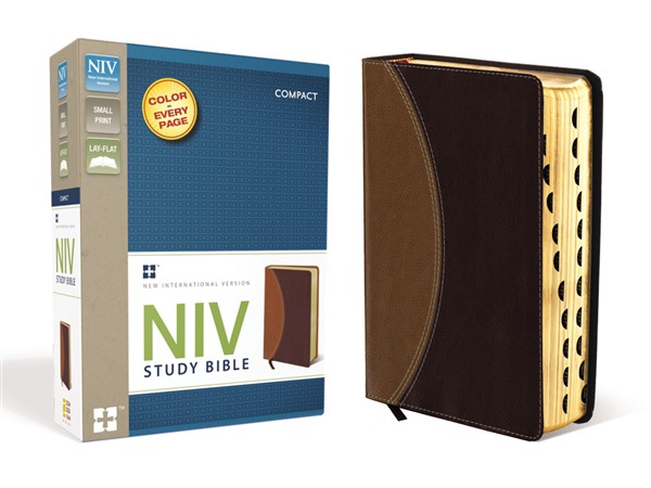 NIV Study Bible, Compact, Leathersoft, Tan/Burgundy, Red Letter Edition, Thumb Indexed