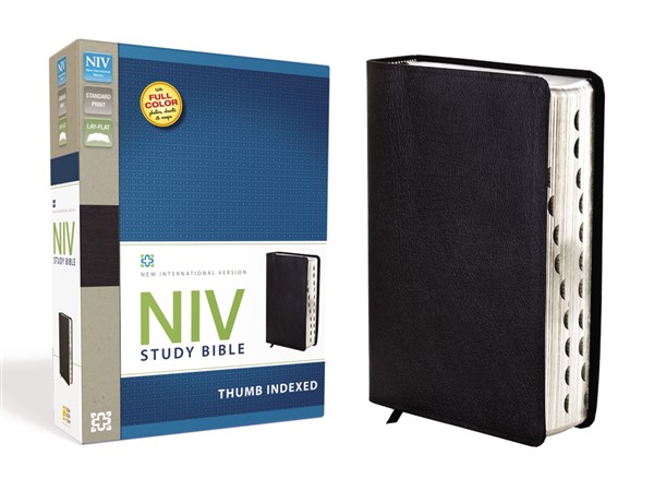 NIV Study Bible, Bonded Leather, Black, Red Letter Edition, Thumb Indexed