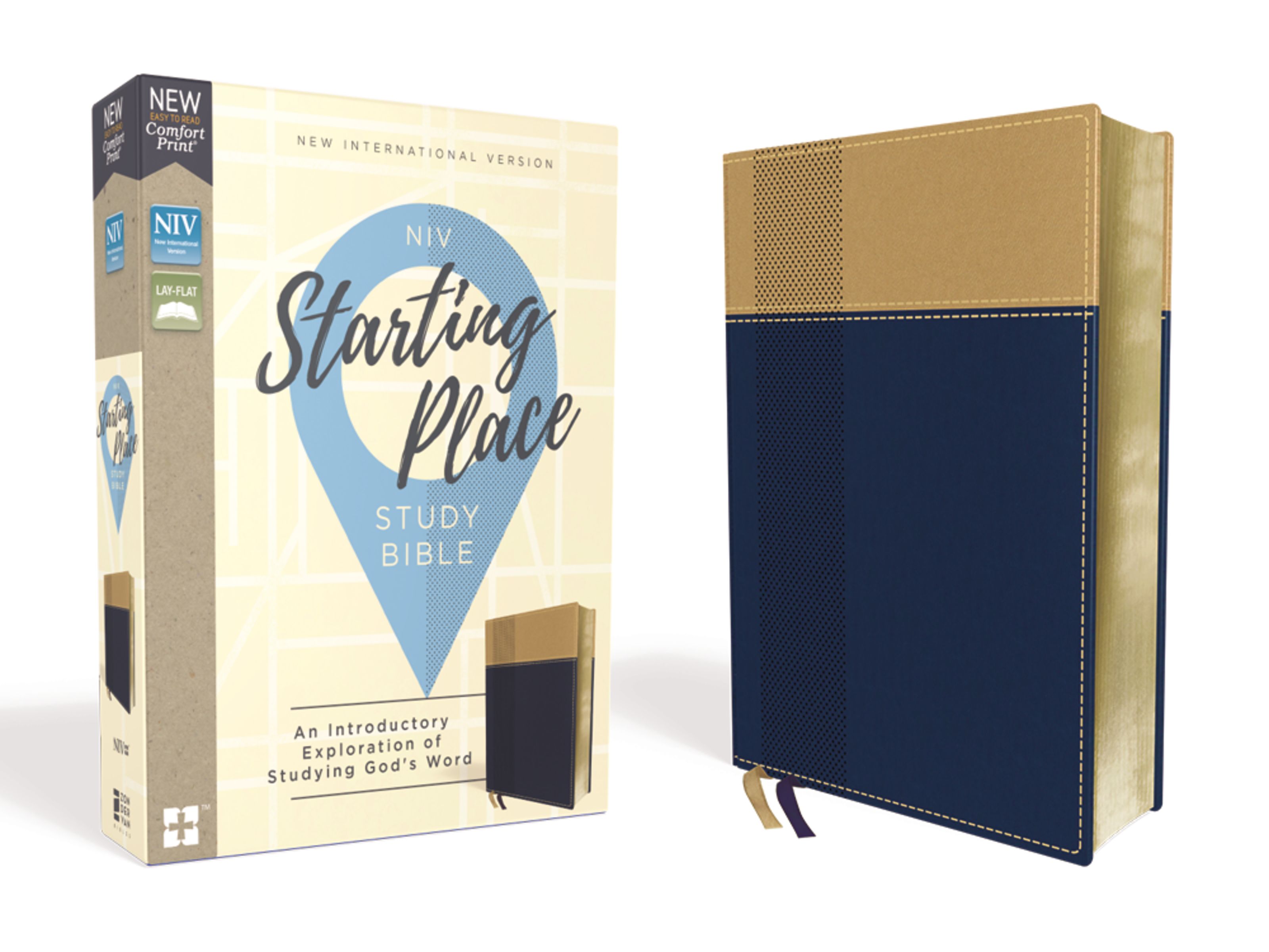 NIV, Starting Place Study Bible, Leathersoft, Navy/Tan, Comfort Print