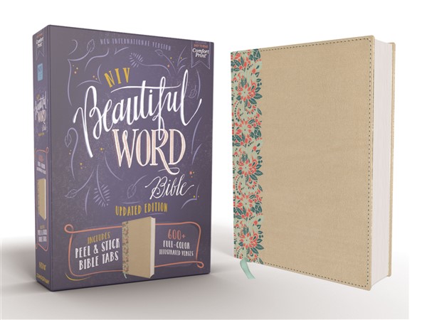 NIV, Beautiful Word Bible, Updated Edition, Peel/Stick Bible Tabs, Leathersoft over Board, Gold, Red Letter, Comfort Print