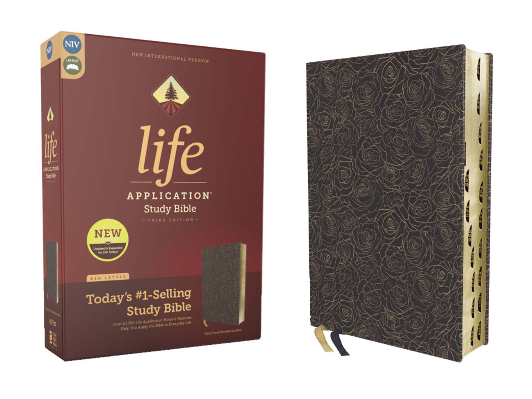 NIV, Life Application Study Bible, Third Edition, Bonded Leather, Navy Floral, Red Letter, Thumb Indexed