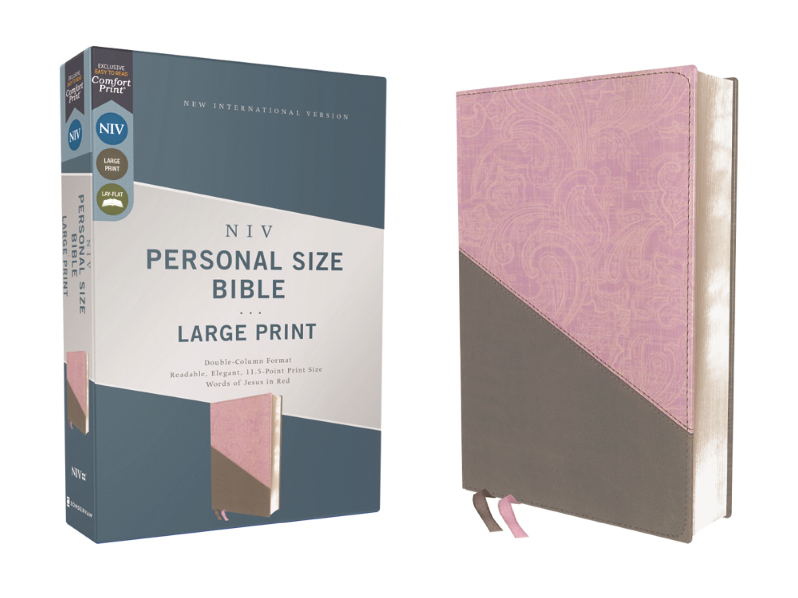 NIV, Personal Size Bible, Large Print, Leathersoft, Pink/Gray, Red Letter, Thumb Indexed, Comfort Print