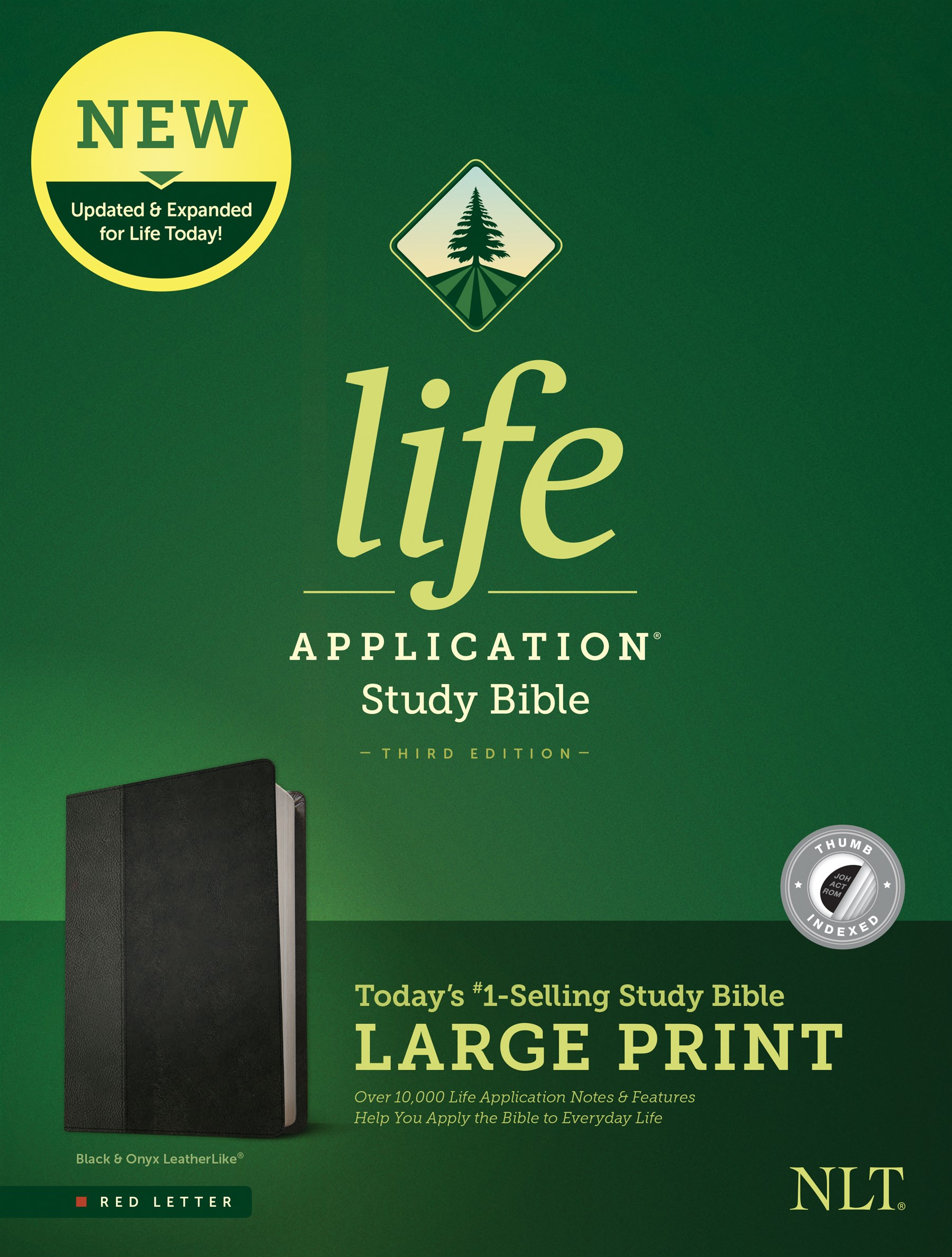 NLT Life Application Study Bible, Third Edition, Large Print (Red Letter, LeatherLike, Black/Onyx, Indexed)