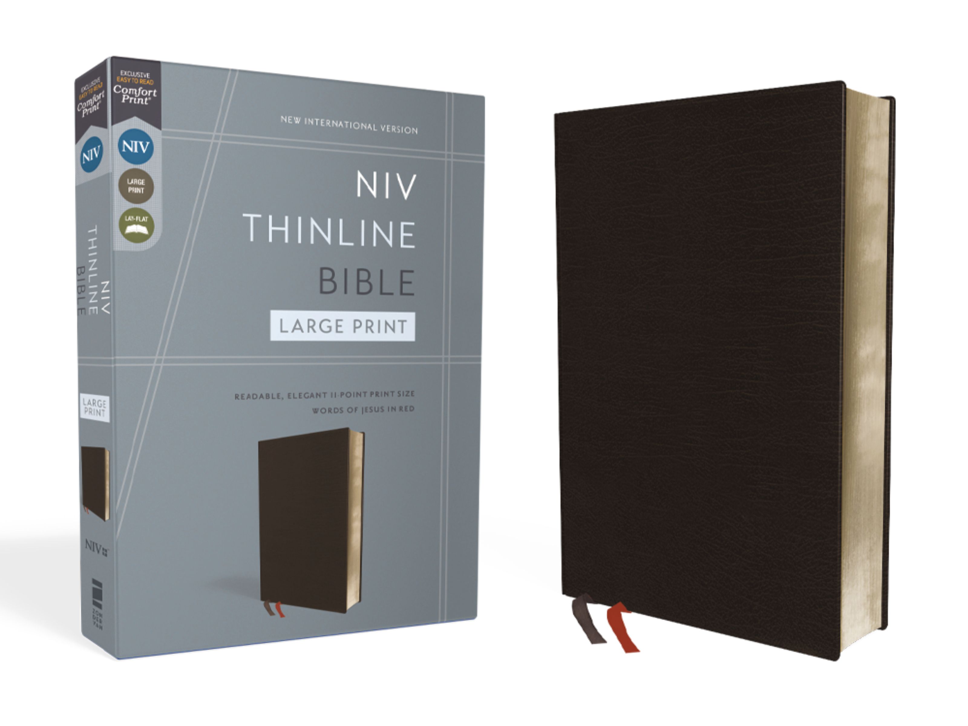 NIV, Thinline Bible, Large Print, Bonded Leather, Black, Red Letter, Comfort Print