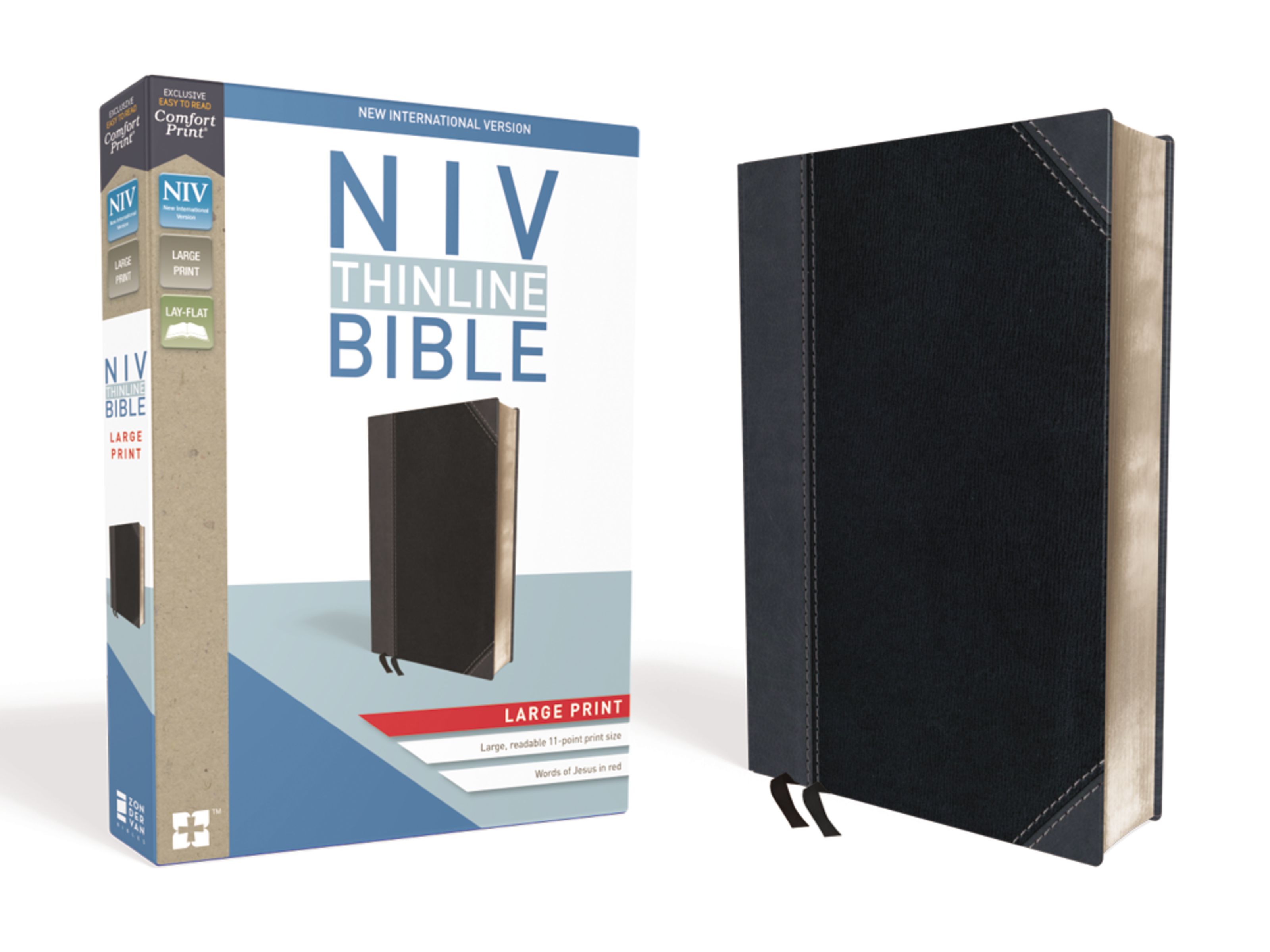 NIV, Thinline Bible, Large Print, Leathersoft, Black/Gray, Red Letter, Comfort Print