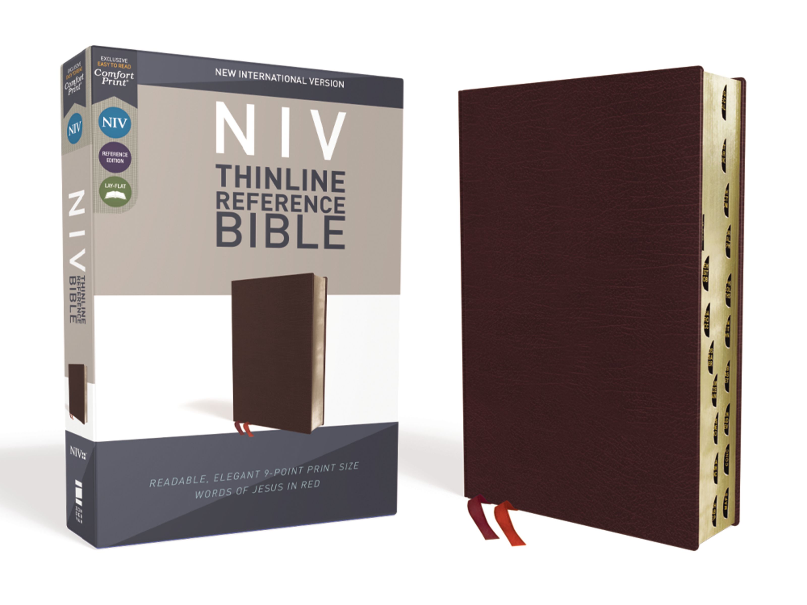 NIV, Thinline Reference Bible, Bonded Leather, Burgundy, Red Letter, Thumb Indexed, Comfort Print