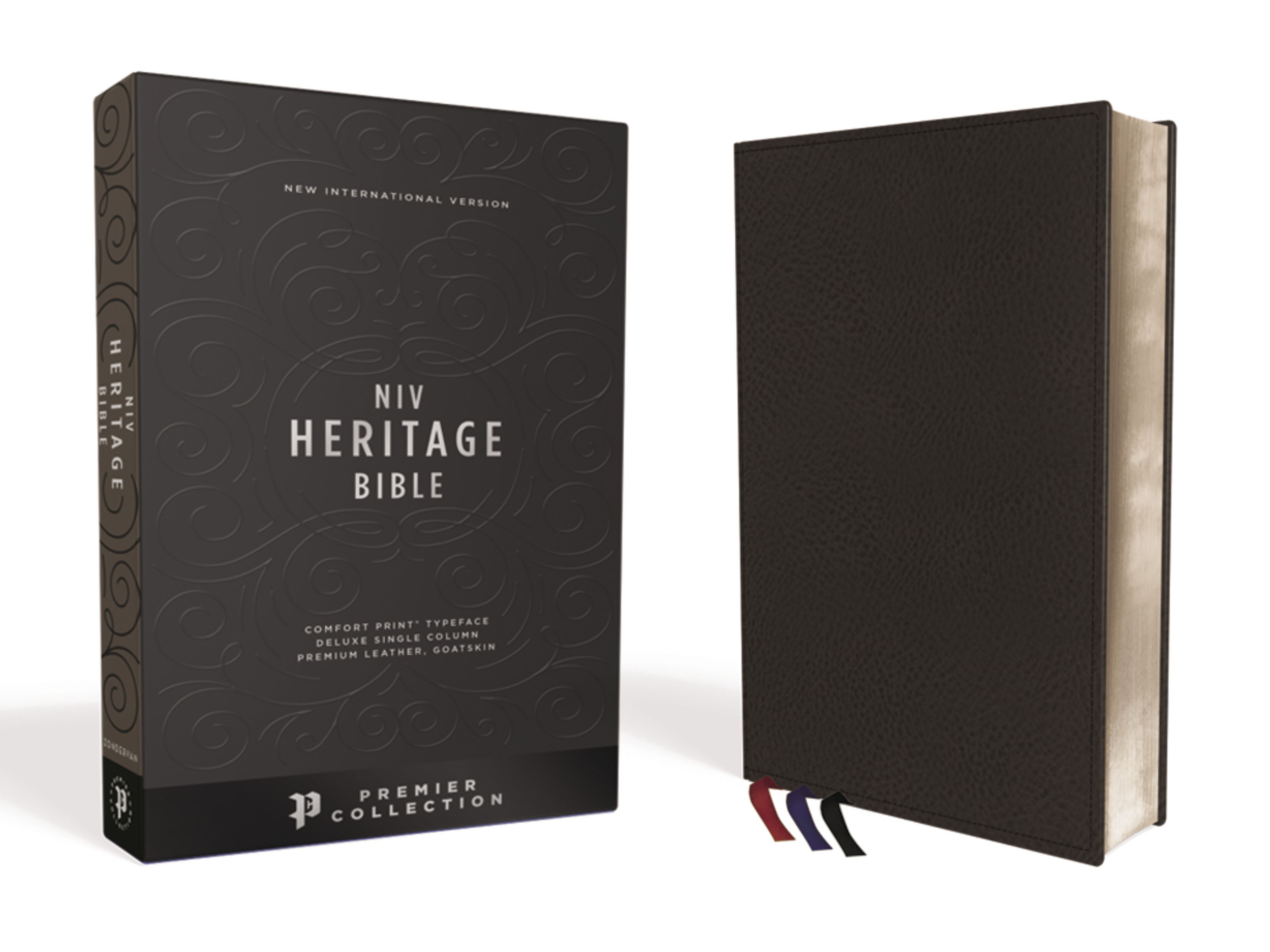 NIV, Heritage Bible, Deluxe Single-Column, Premium Goatskin Leather, Black, Premier Collection, Art Gilded Edges, Comfort Print