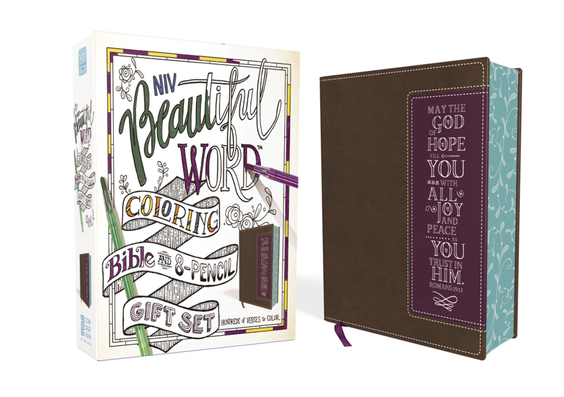 NIV, Beautiful Word Coloring Bible and 8-Pencil Gift Set, Leathersoft, Brown/Purple